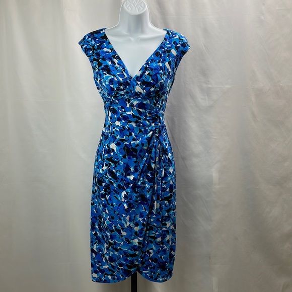 London Style Collection Blue Print Stretchy Faux Wrap Dress, Size 4 - Picture 1 of 13
